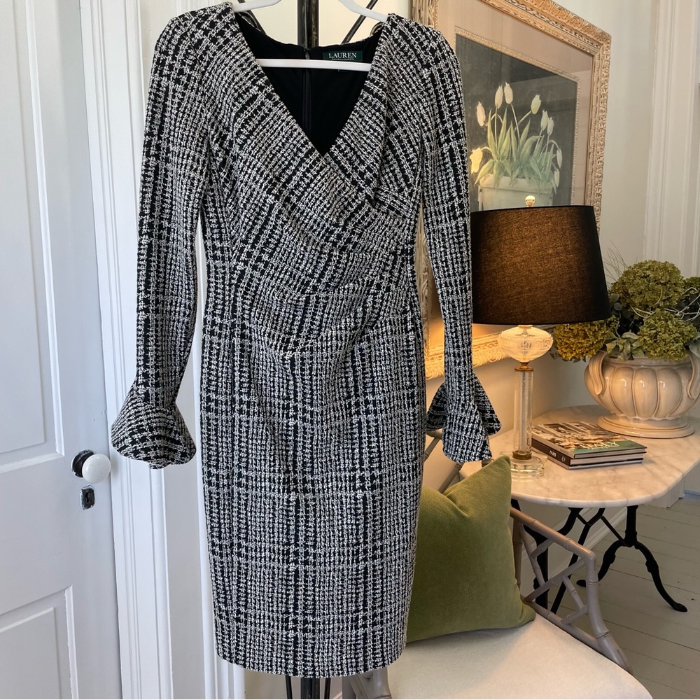 Lauren Ralph Lauren Womens 2 Tweed Dress Black White Ruffled Long Sleeve Lined